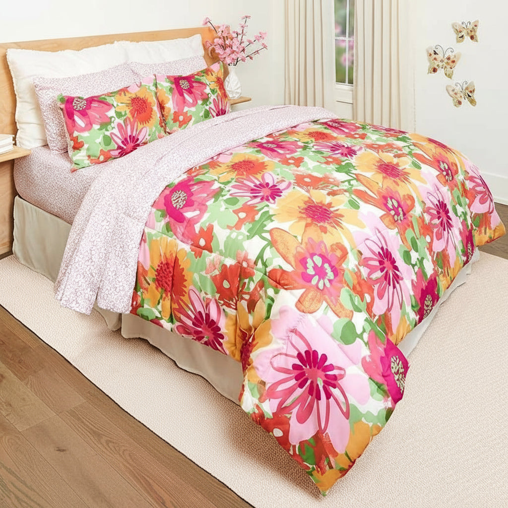 Summer Floral Reversible Queen or King Complete Comforter Set