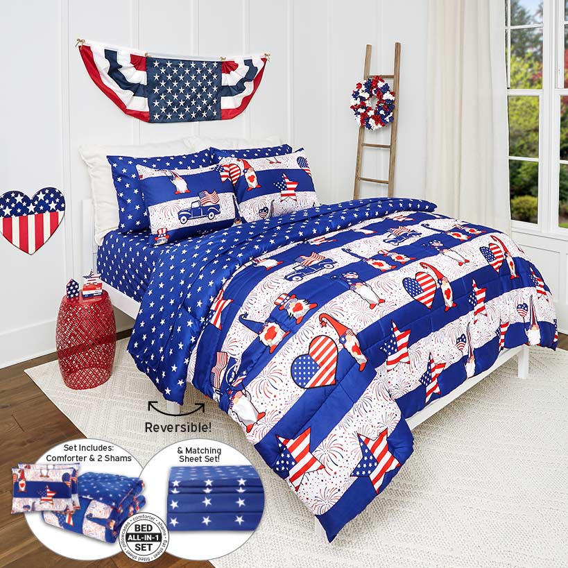 Stars and Stripes Gnome Queen or King Complete Comforter Set