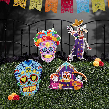 Day of the Dead Festive Colorful Stakes - Set of 4