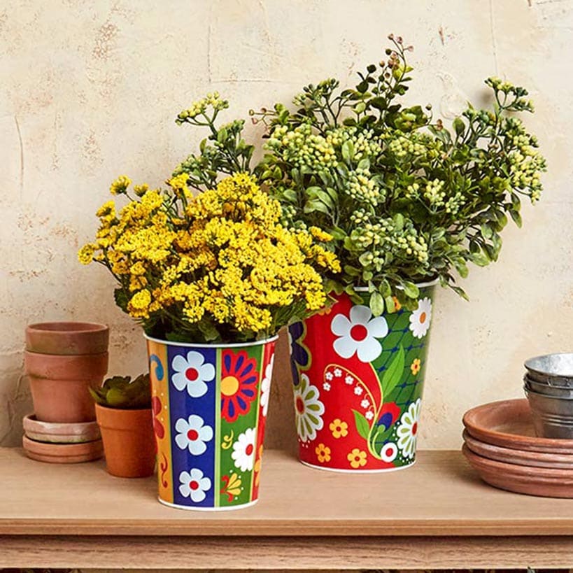 Talavera-Inspired Metal Planters - Set of 2