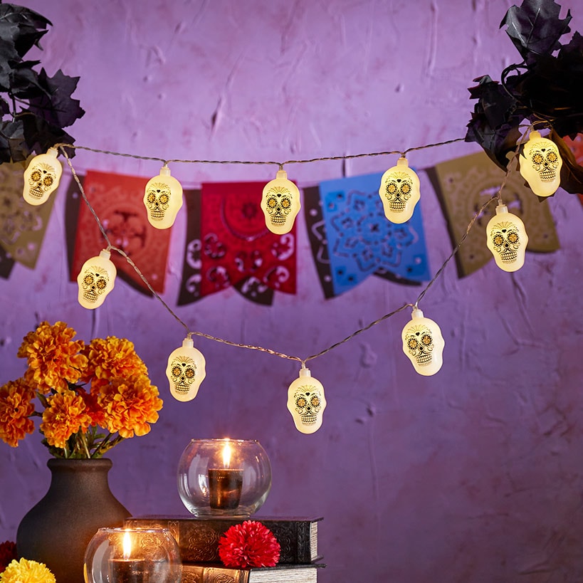 Day of the Dead Sugar Skull String Lights - Battery Operated