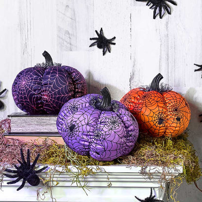 Halloween Plush Webbed Pumpkin Decor - Orange, Black, or Purple
