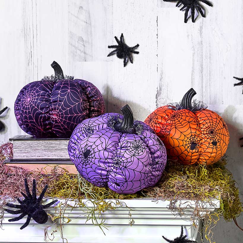 Halloween Plush Webbed Pumpkin Decor - Orange, Black, or Purple