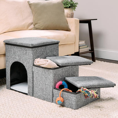 Foldable Pet Stairs With Storage Boxes and Cozy Pet Nook Portable