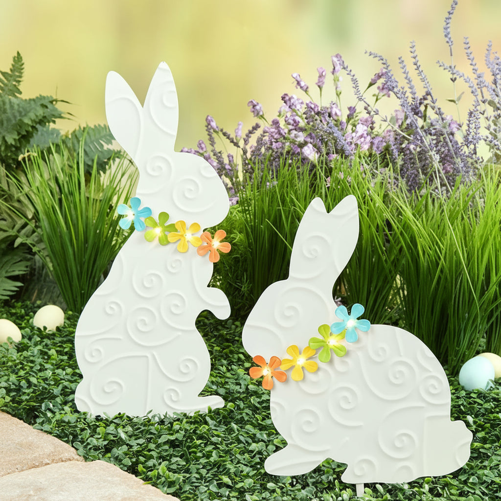 Easter Bunny With Solar Flowers Stake - Sitting or Standing