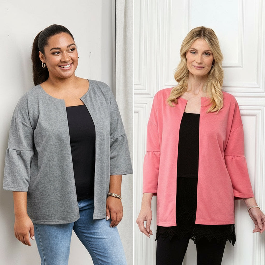 Open Front Cardigan with Ruffle 3/4 Sleeve