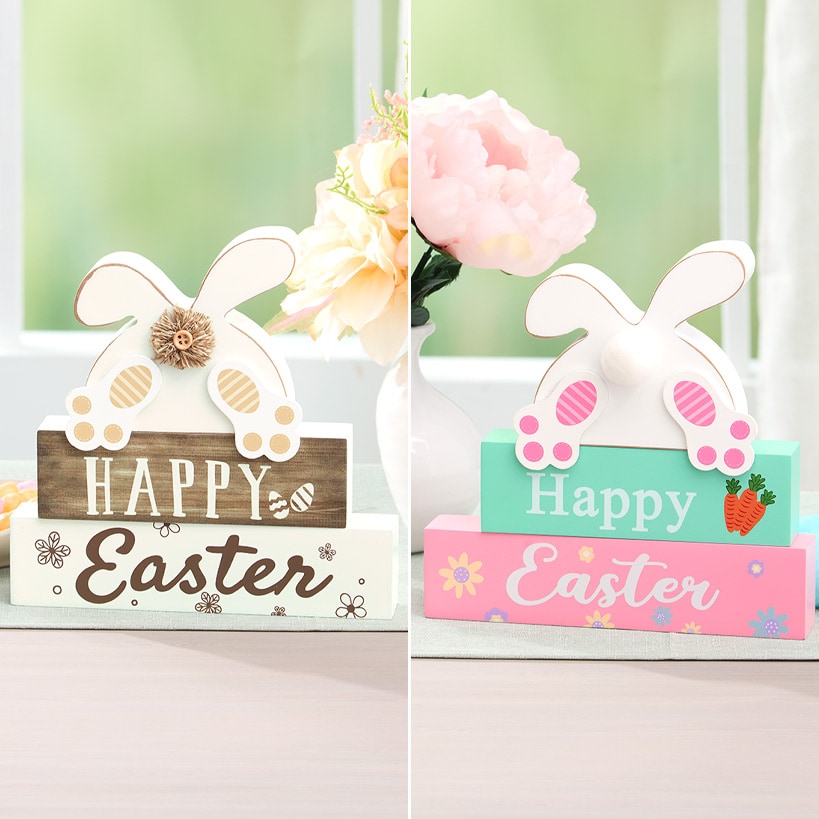 Happy Easter Stacked Block Sign with Bunny - Natural or Spring