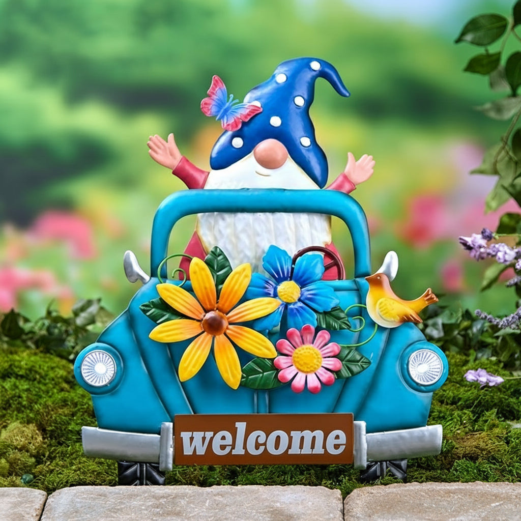 Solar Spring Truck With Gnome Driver Garden Stake