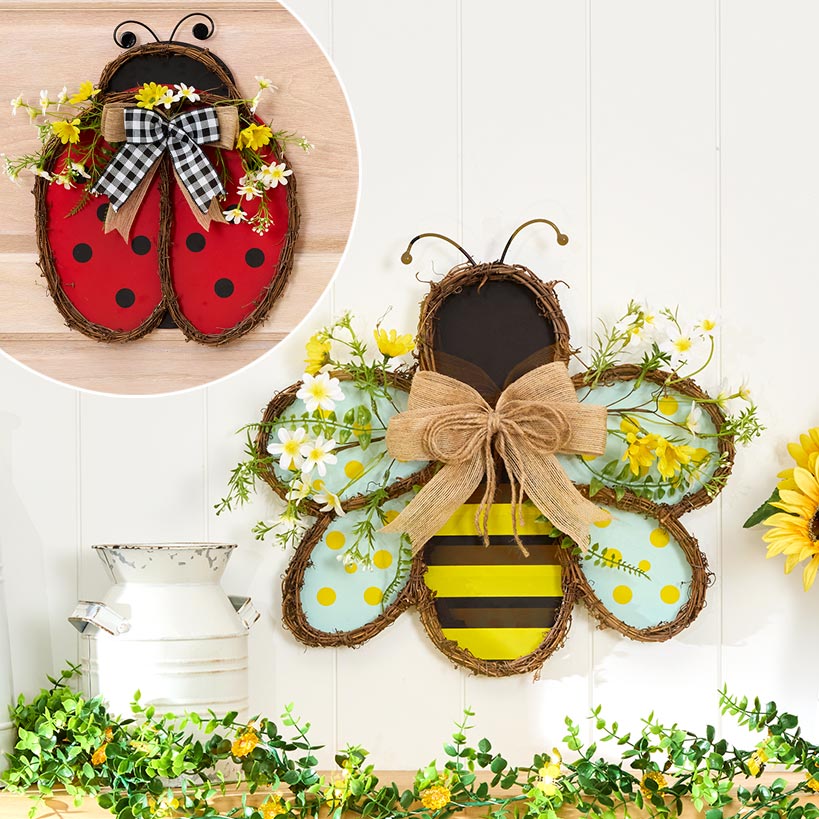 Handcrafted Rattan Bee or Ladybug Wall Decor with Vibrant Yellow Flowers