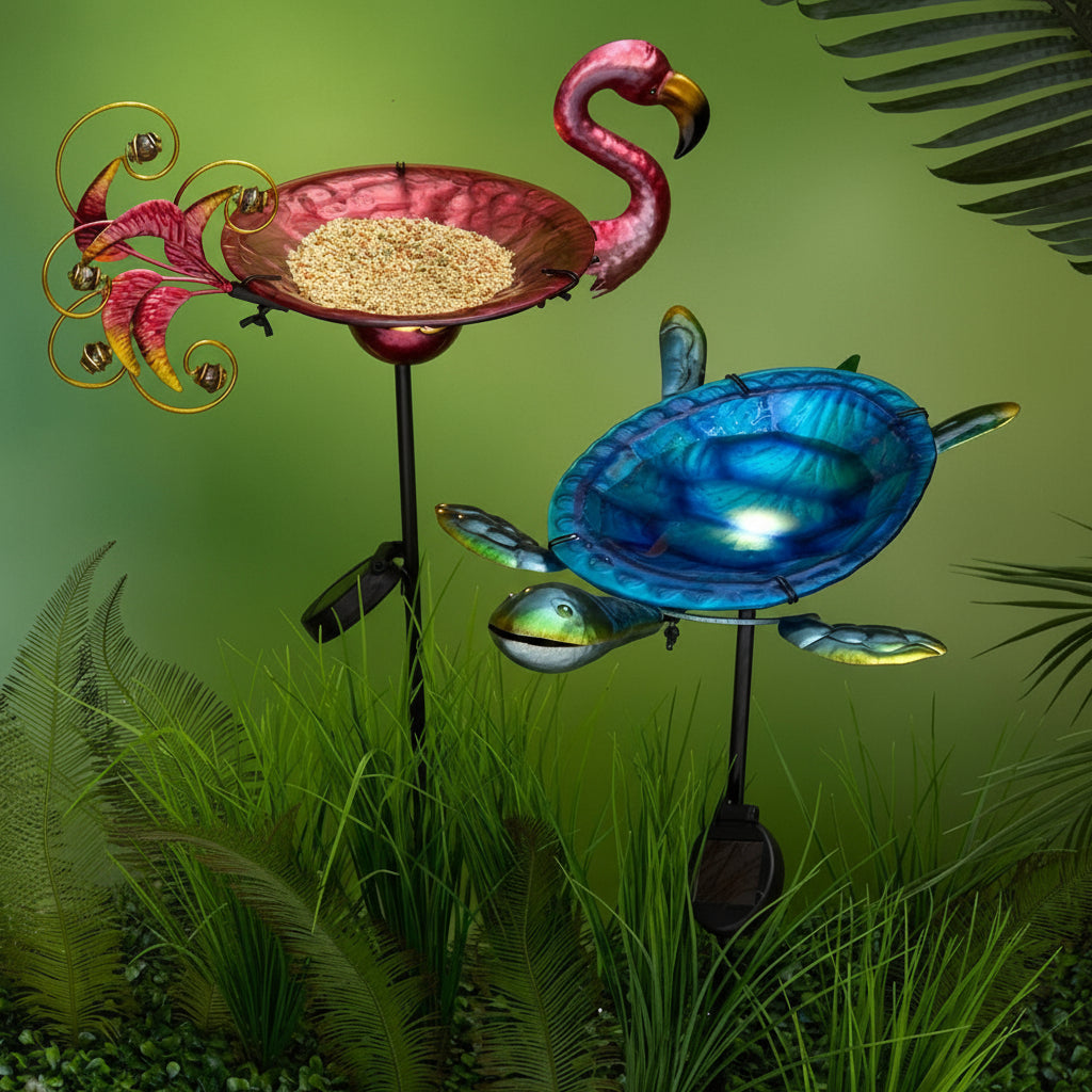 Outdoor Solar Birdbath and Feeder with Stake Turtle or Flamingo
