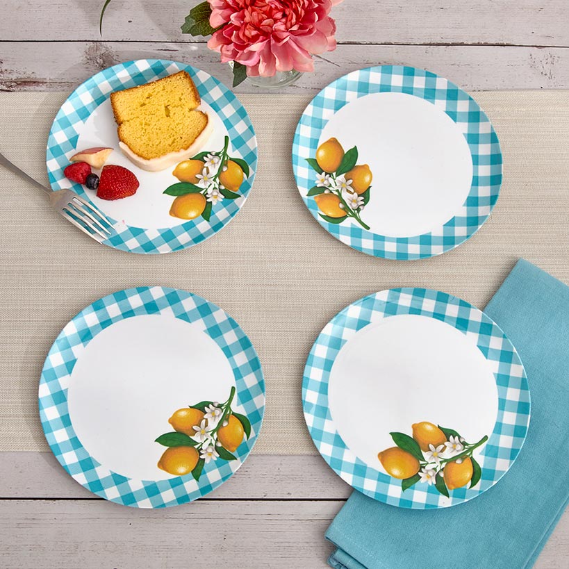 Citrus Chic Blue Plaid and Lemon Print Melamine Dessert Plates