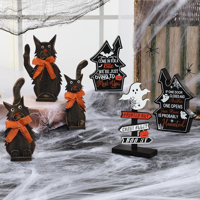 Halloween Tabletop Wood Decor In Black Cat Or Haunted Lane Trio