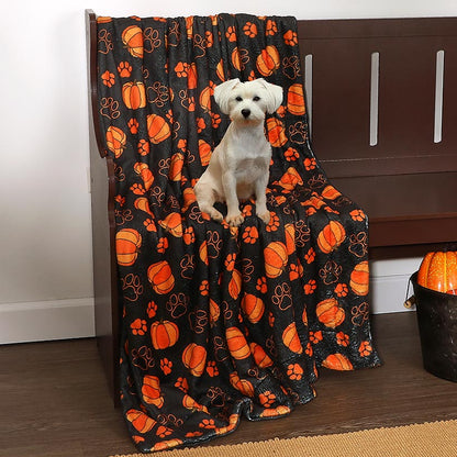 Halloween Pet Blanket Lightweight Cozy Festive Pumpkins And Paws Print