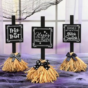 Halloween Witch's Broom Tabletop Rectangular Sign With Message And Bow