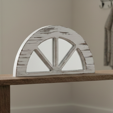 Distressed White Wood Windowpane Arch Mirror