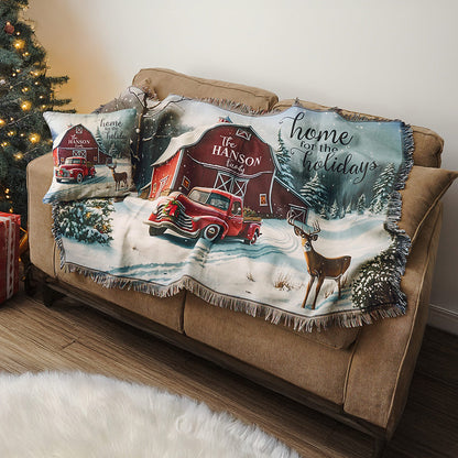 Personalized Home for the Holidays Red Barn Fringe Throw Blanket