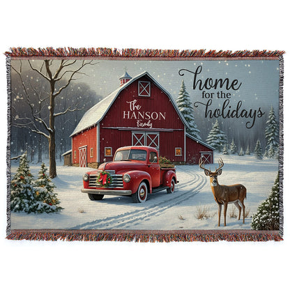 Personalized Home for the Holidays Red Barn Fringe Throw Blanket