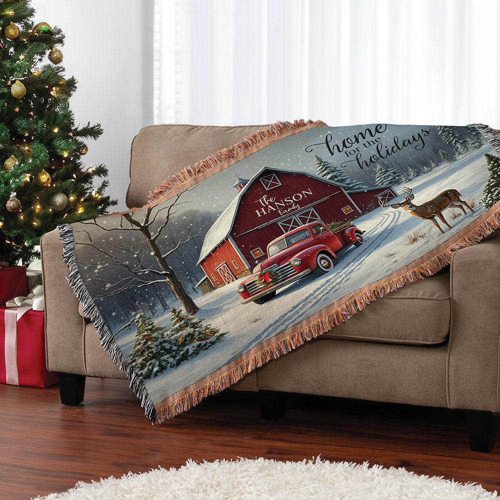 Personalized Home for the Holidays Red Barn Fringe Throw Blanket