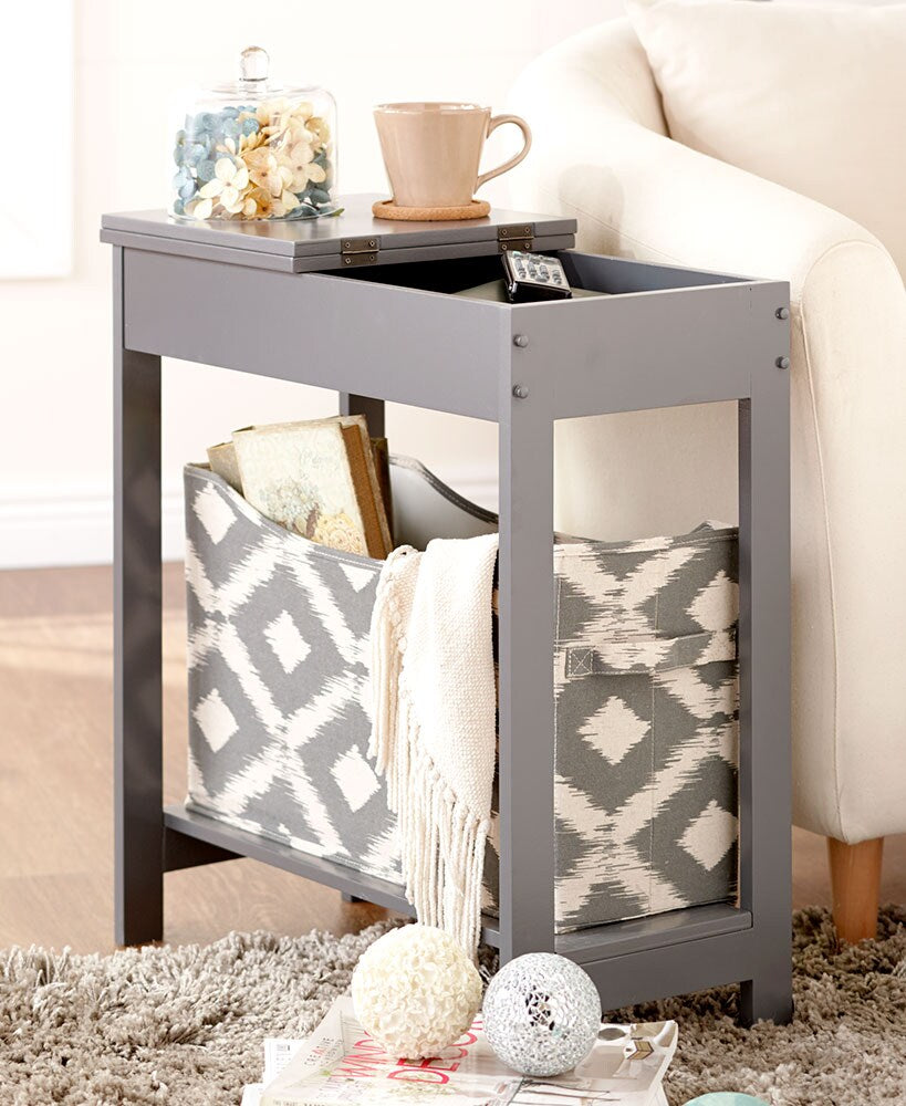 Narrow Wood Side Table with Flip-Top and Fabric Storage Bin#select-color_gray