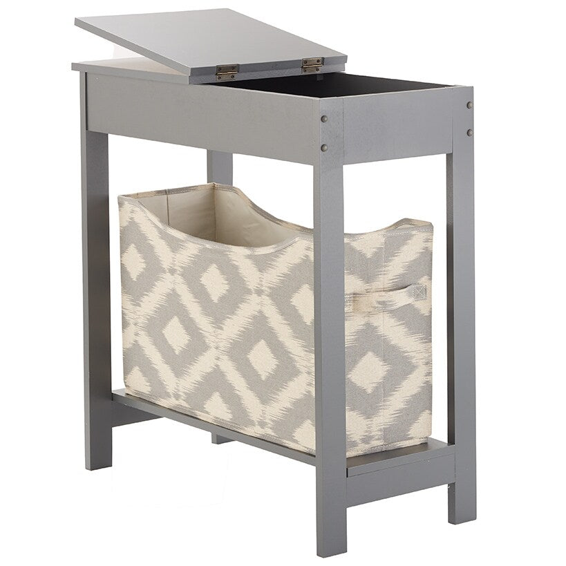 Narrow Wood Side Table with Flip-Top and Fabric Storage Bin#select-color_gray