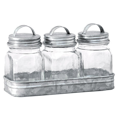 Set of 3 Glass Canisters in Galvanized Tray