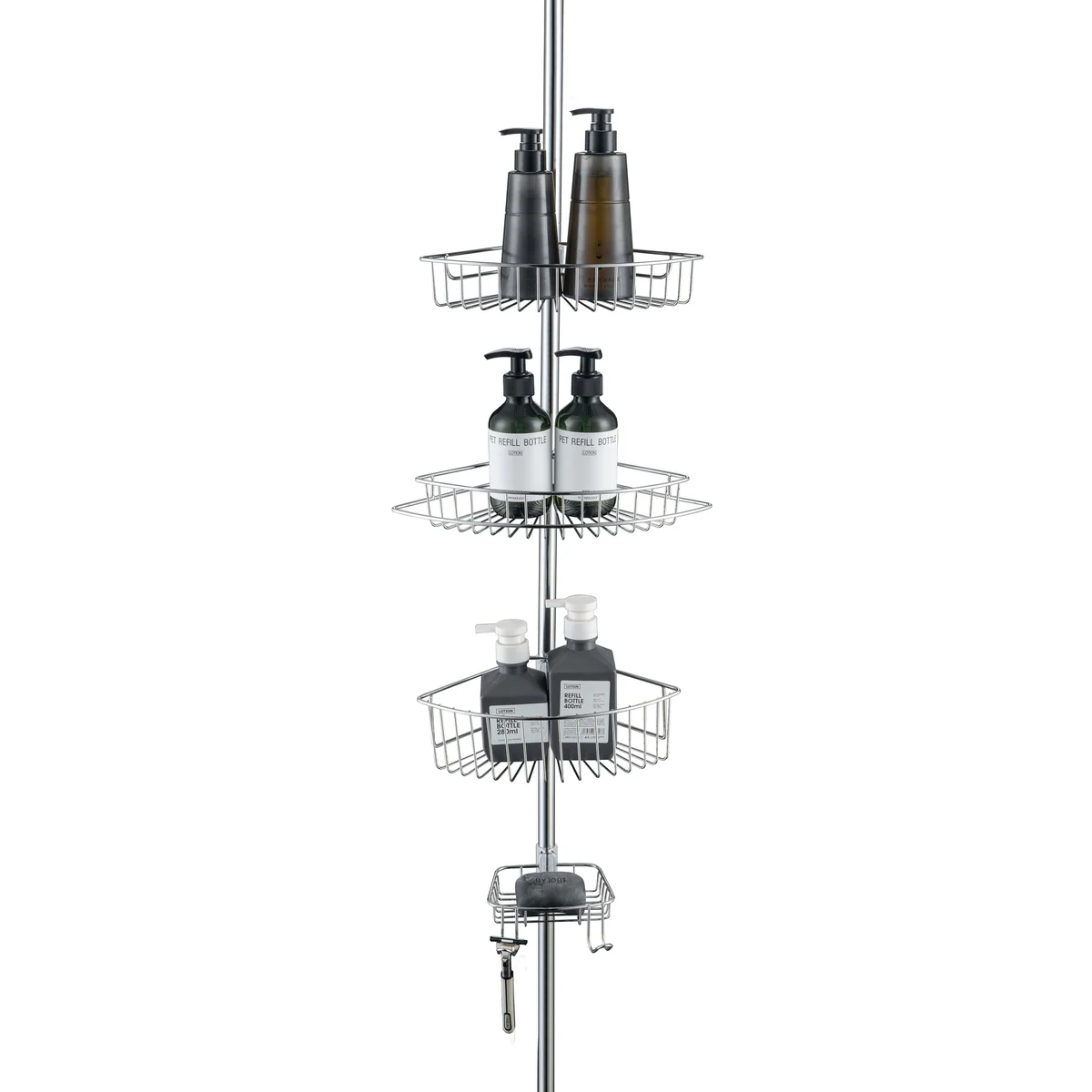 4 Tier Rustproof Shower Caddy Corner Organizer With Adjustable Shelves and Tension Pole