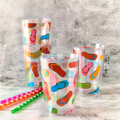Plastic 16oz Insulated Tumbler Set of 4 Flamingo or Flipflops