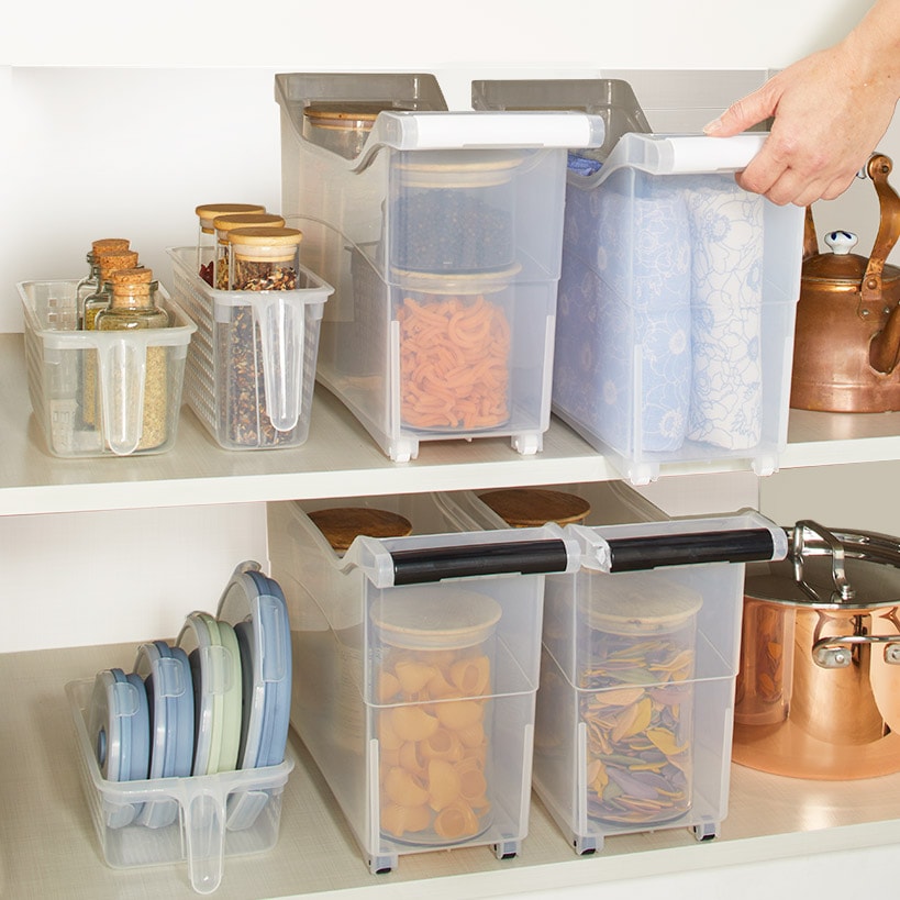 Storage Bin with Handle and Rolling Wheels for Kitchen Organization Plastic