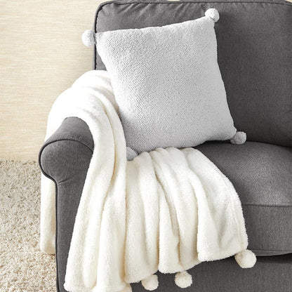 Pom-Pom Sherpa Gray Throw Pillow