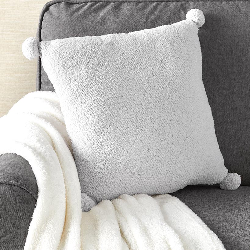 Pom-Pom Sherpa Gray Throw Pillow