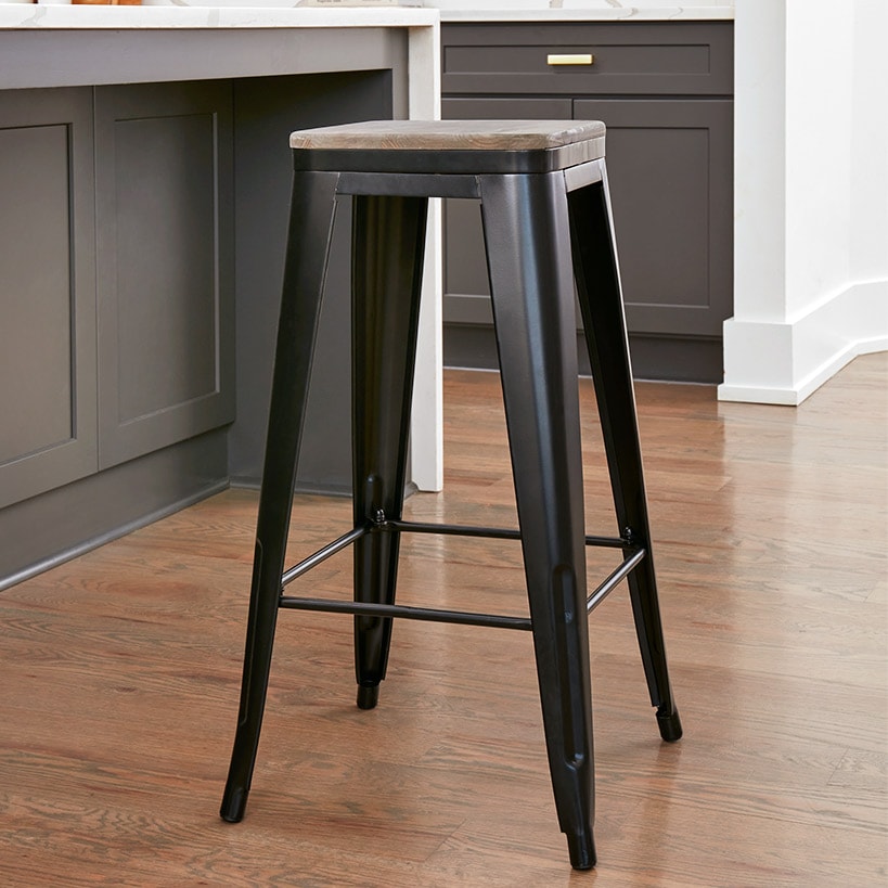 Backless Metal Barstool with Wood Square Seat - 24"H or 30"H#select-item_bar-stool-black