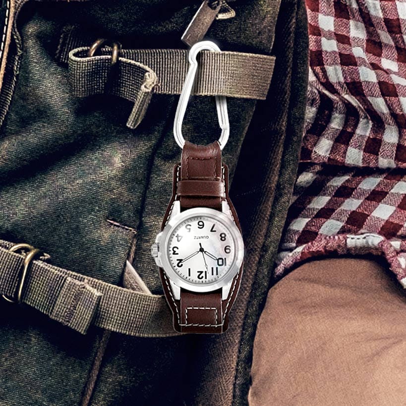 Clip On Analog Watch Brown with Carabiner