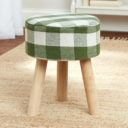 Buffalo Check Round Footstool Ottoman with Wood Legs - 16"H