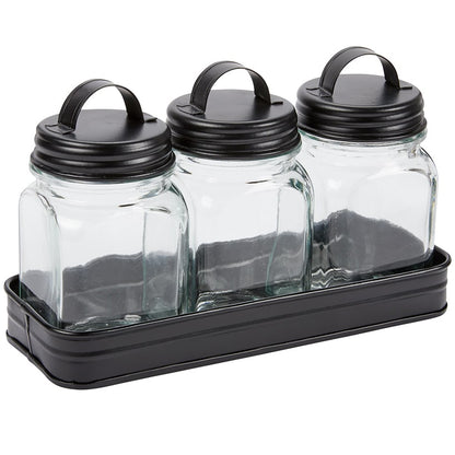 Set of 3 Glass Canisters in Galvanized Tray