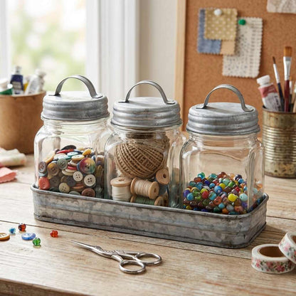Set of 3 Glass Canisters in Galvanized Tray