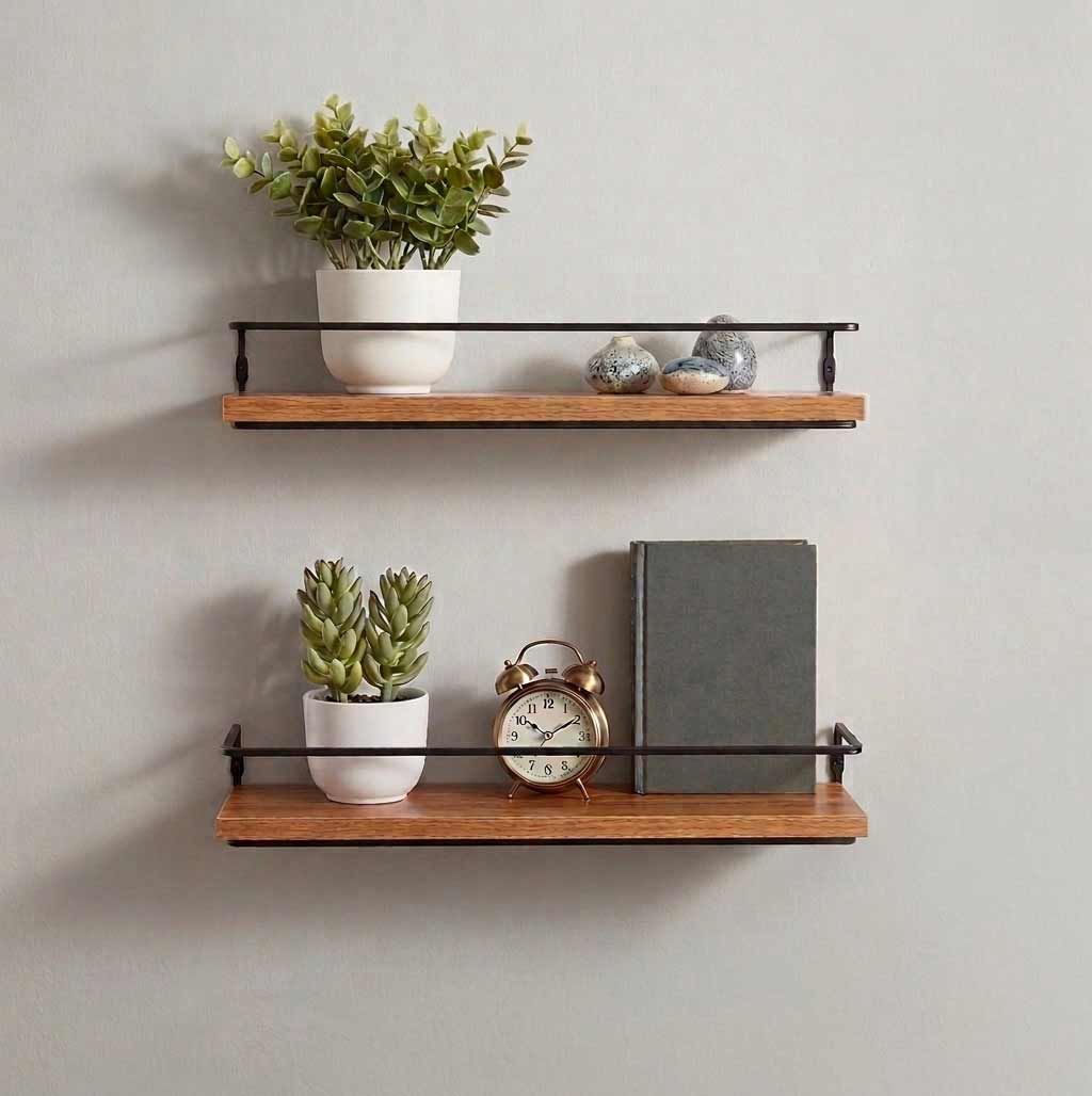 Floating Wall Mounted Wood Shelves with Metal Bar - Set of 2