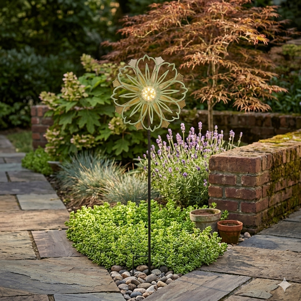 Solar-Powered Copper Patina Wind Spinner