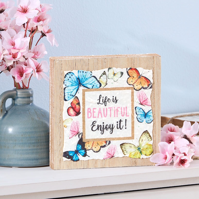 Vibrant Butterfly Sentiment Hanging Sign or Block Signs#select-item_life-is-beautiful-wood-block