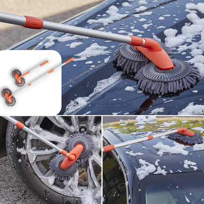 Microfiber Car Cleaning Brush with Double Mop, Extends 44" Long