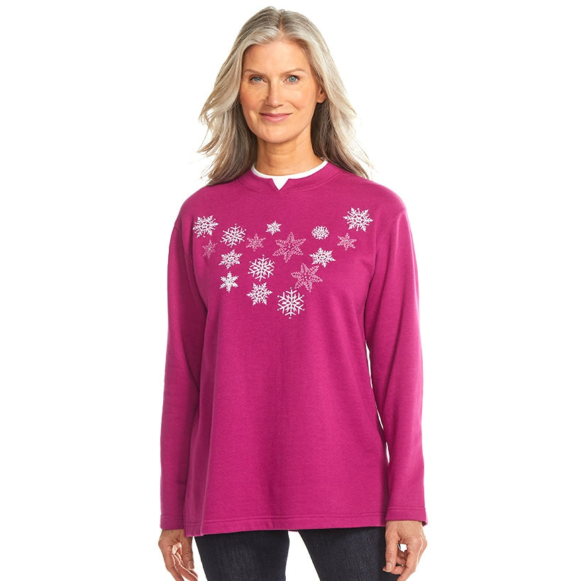Women's Holiday Sweatshirt with Embroidered Snowflakes