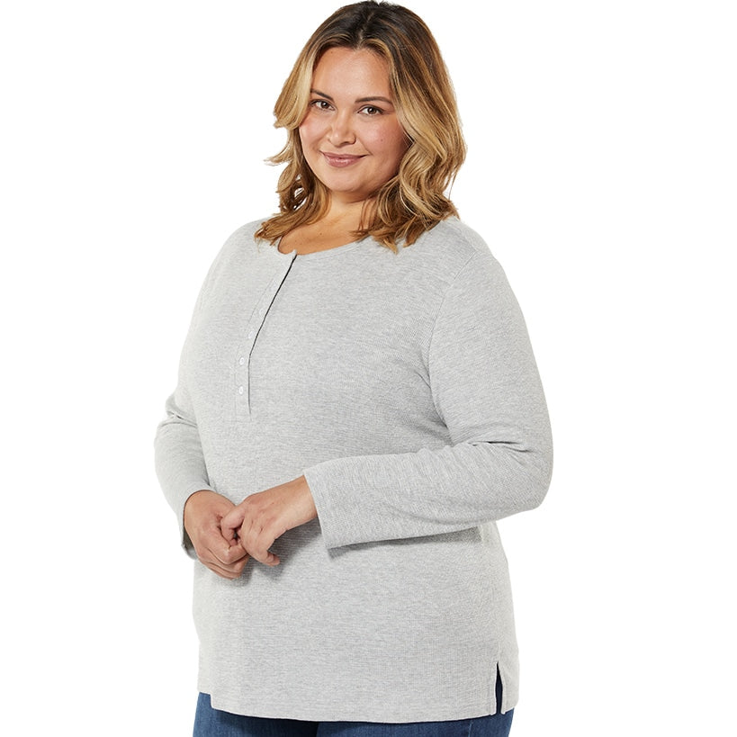Women's Long Sleeve Thermal Henley Top with Buttons