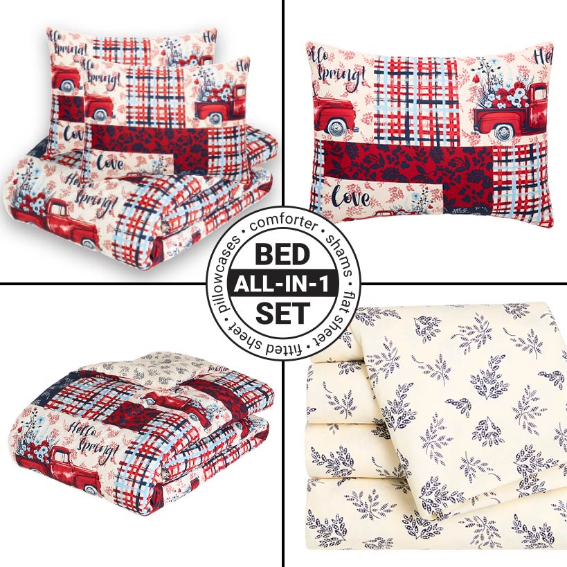 Summer Plaid Truck Complete Comforter Set with Sheets