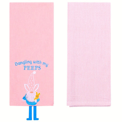 Embroidered Kitchen Towels Gnomes and Bunnies Set of 2