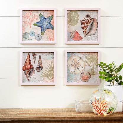 Framed Wall Art - Hummingbird, Butterfly, or Seashell Theme - 4 Pc