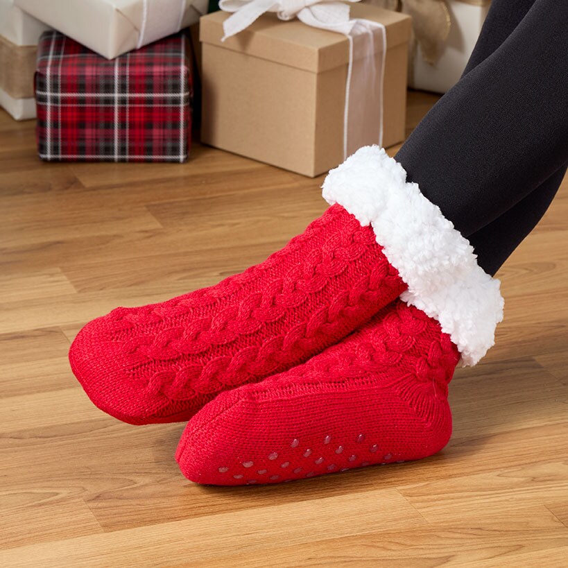 Women's Fleece-Lined Knitted Slipper Socks with Grippers#select-color_red