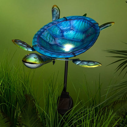 Outdoor Solar Birdbath and Feeder with Stake Turtle or Flamingo