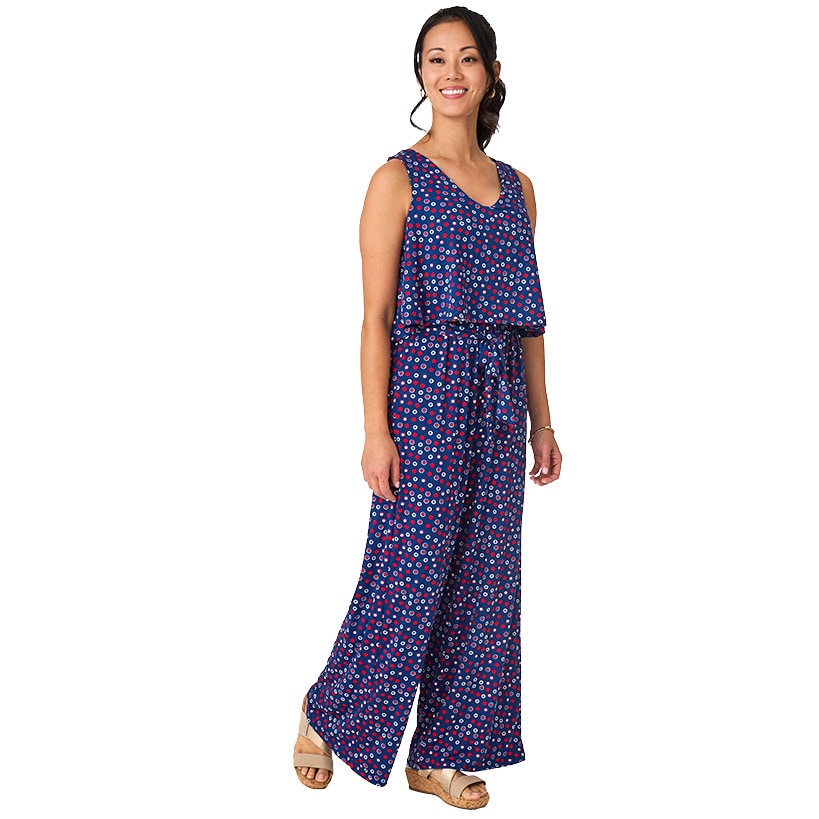 Women's V-Neck Wide Leg Jumpsuit - Red, White, and Blue