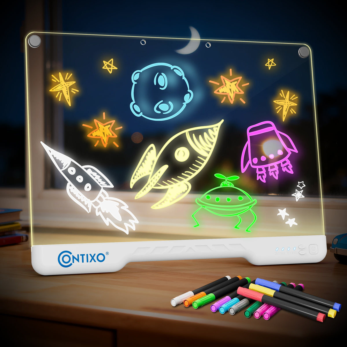 Contixo WB1 16" LED Glow Drawing Board for Kids with 12 Neon Pens
