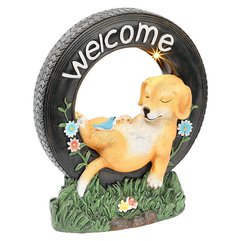 Solar Welcome Dog Statue Garden Decor