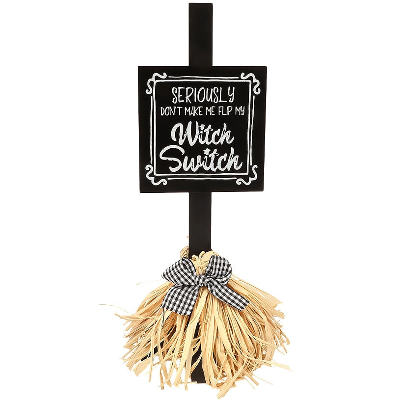 Halloween Witch's Broom Tabletop Rectangular Sign With Message And Bow